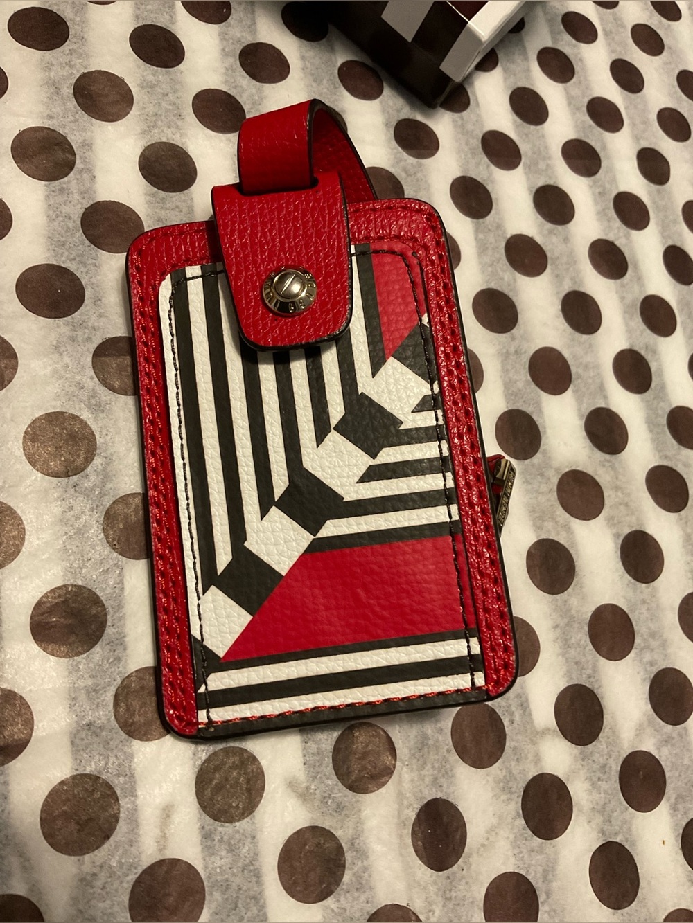 Henri Bendel West 57th Blocked Pattern Bag/Luggage Tag Red w Centennial Stripes - Picture 3 of 12